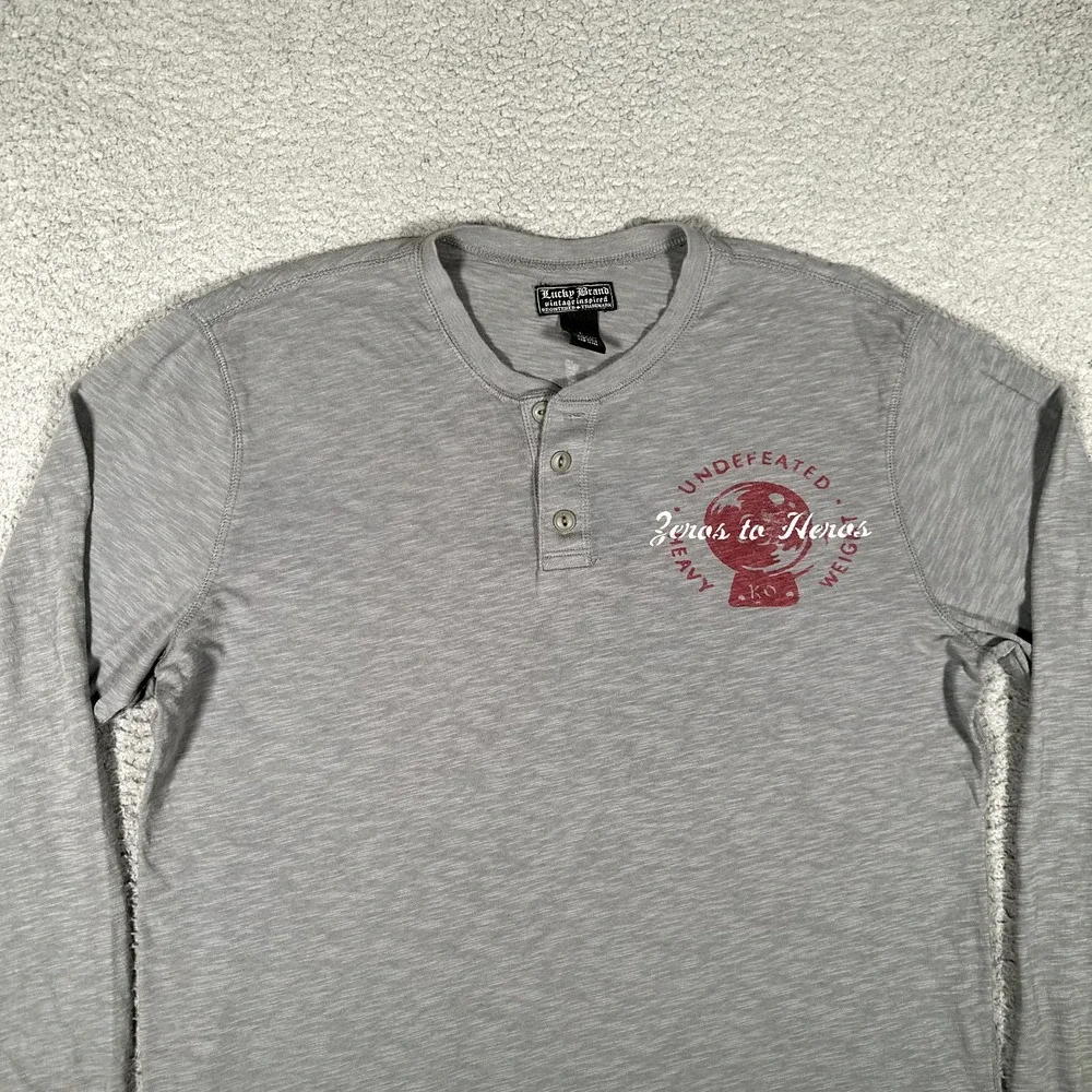 Lucky Brand Shirt Mens Large Gray Henley Vintage Inspired Graphic Tee Boxing Gym